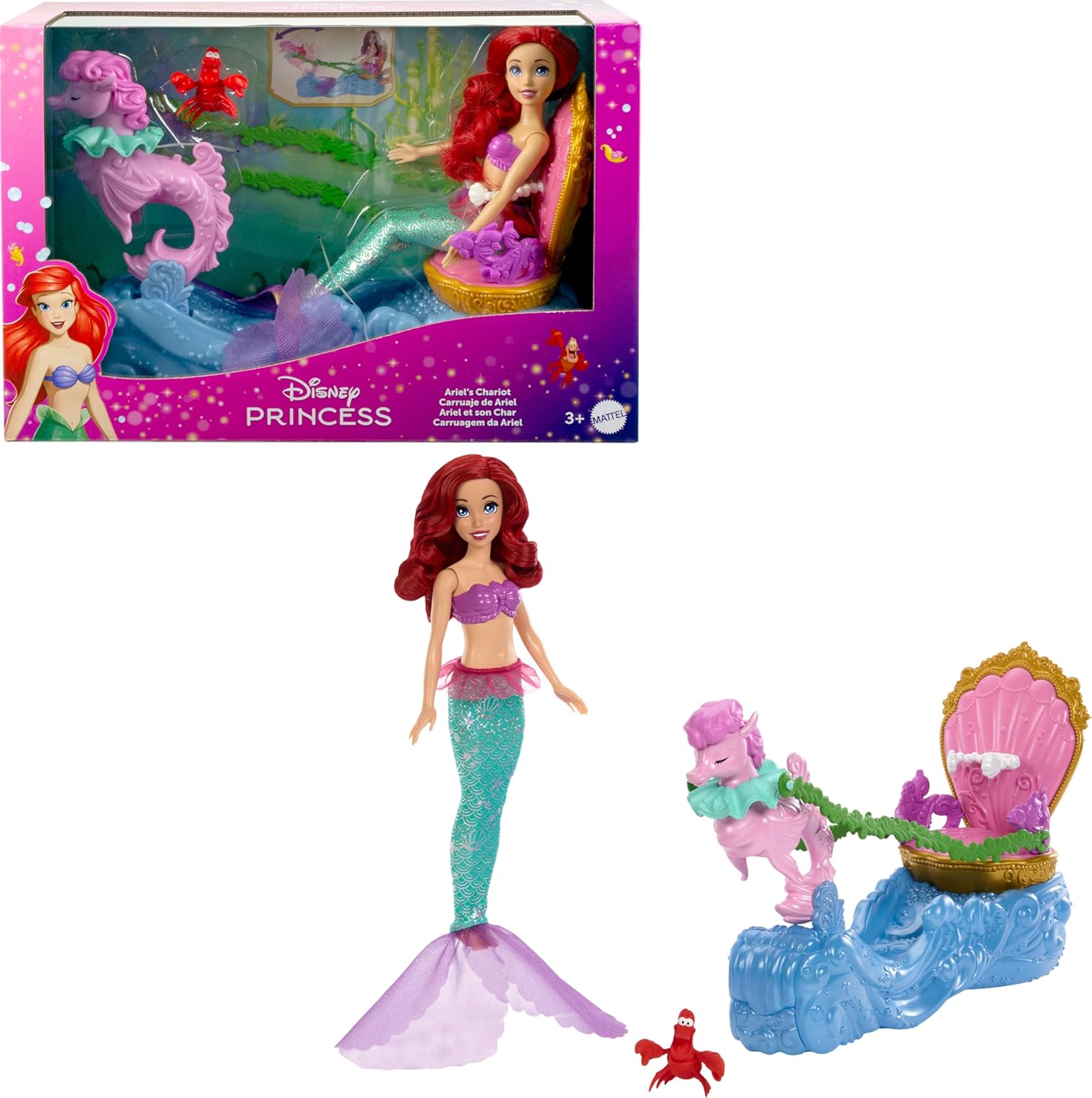 Disney Princess Ariel Mermaid Doll & Rolling Chariot with Removable Fashion Tail & Sebastian Figure Inspired by Disney The Little Mermaid Movie For Kids Ages 3+