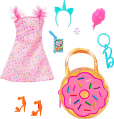 Barbie Clothes and Accessories, Deluxe Keychain Donut Bag with Pink Sprinkle Dress and Candy Themed Accessories for Kids Ages 3+