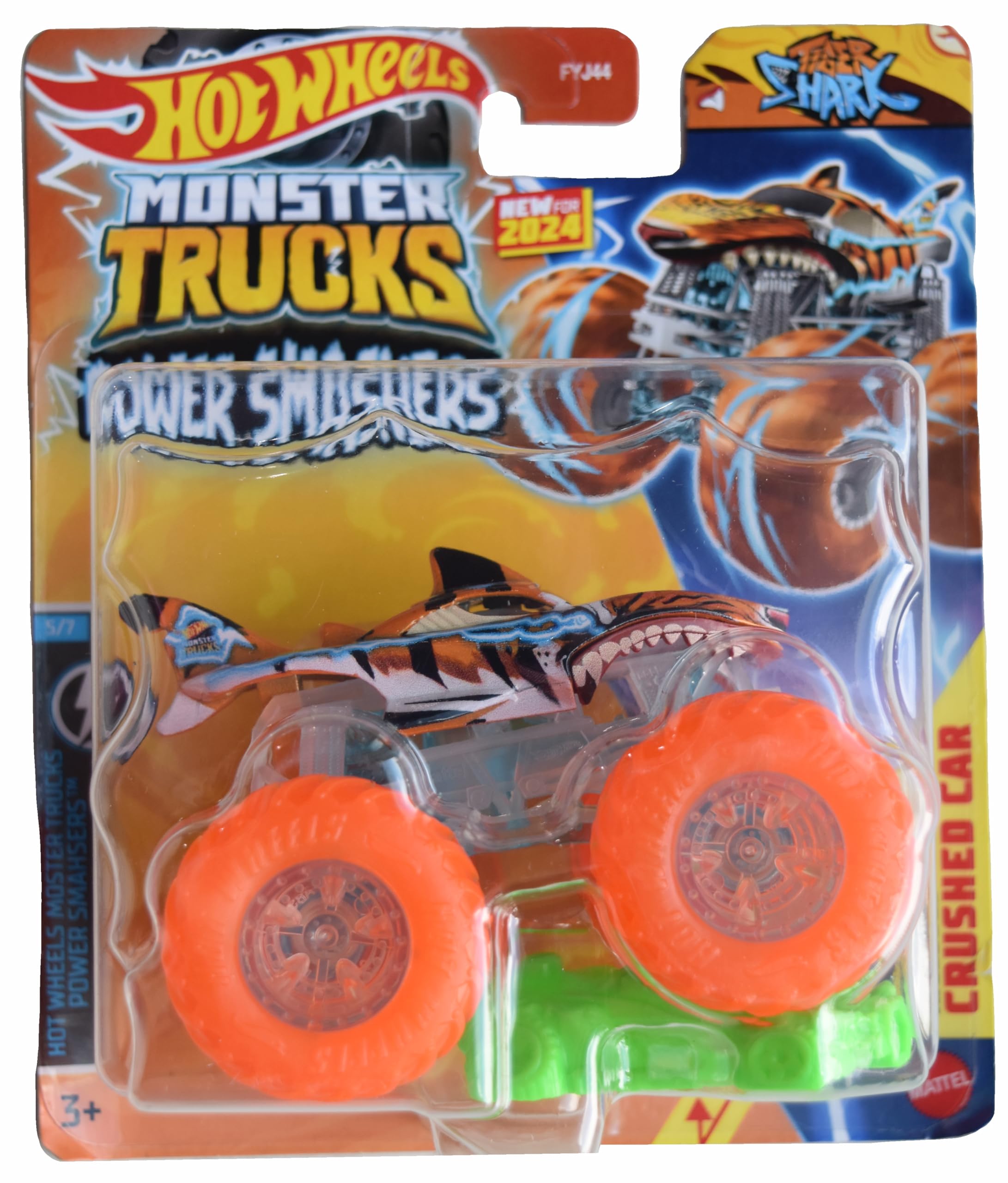 Hot Wheels Monster Trucks Power Smashers 1:64 Scale die cast Tiger Shark, Includes Crushed Car for Ages 3 Years & Up