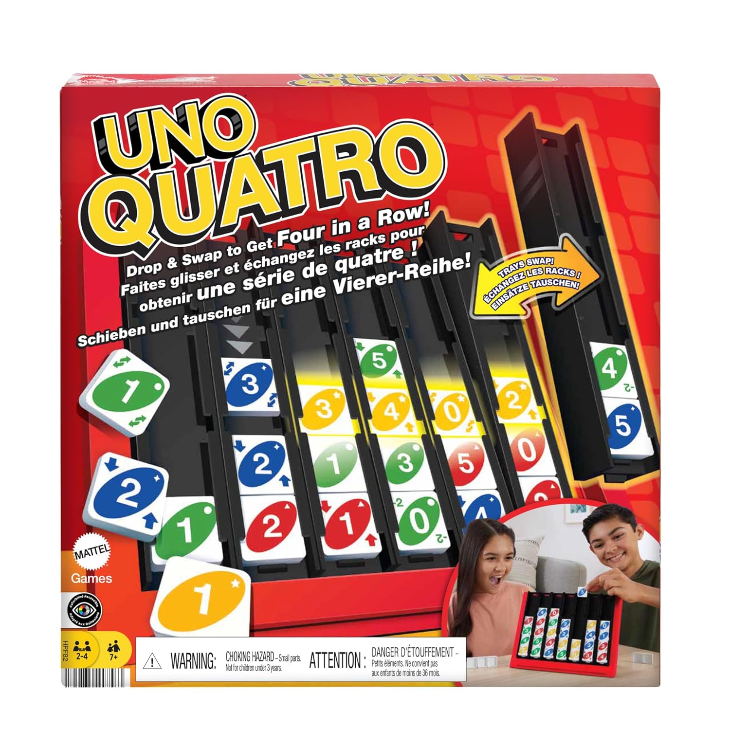 Mattel Games UNO Quatro Game with Colored Tiles & Plastic Grid for Adult, Family & Parties, 2 to 4 Players Ages 7 Years Old & Up