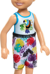 Barbie Chelsea Small Doll With Beach Swimsuit, Toucan & Tropical Leaf Print, Black Hair & Brown Eyes For Kids Ages 3+