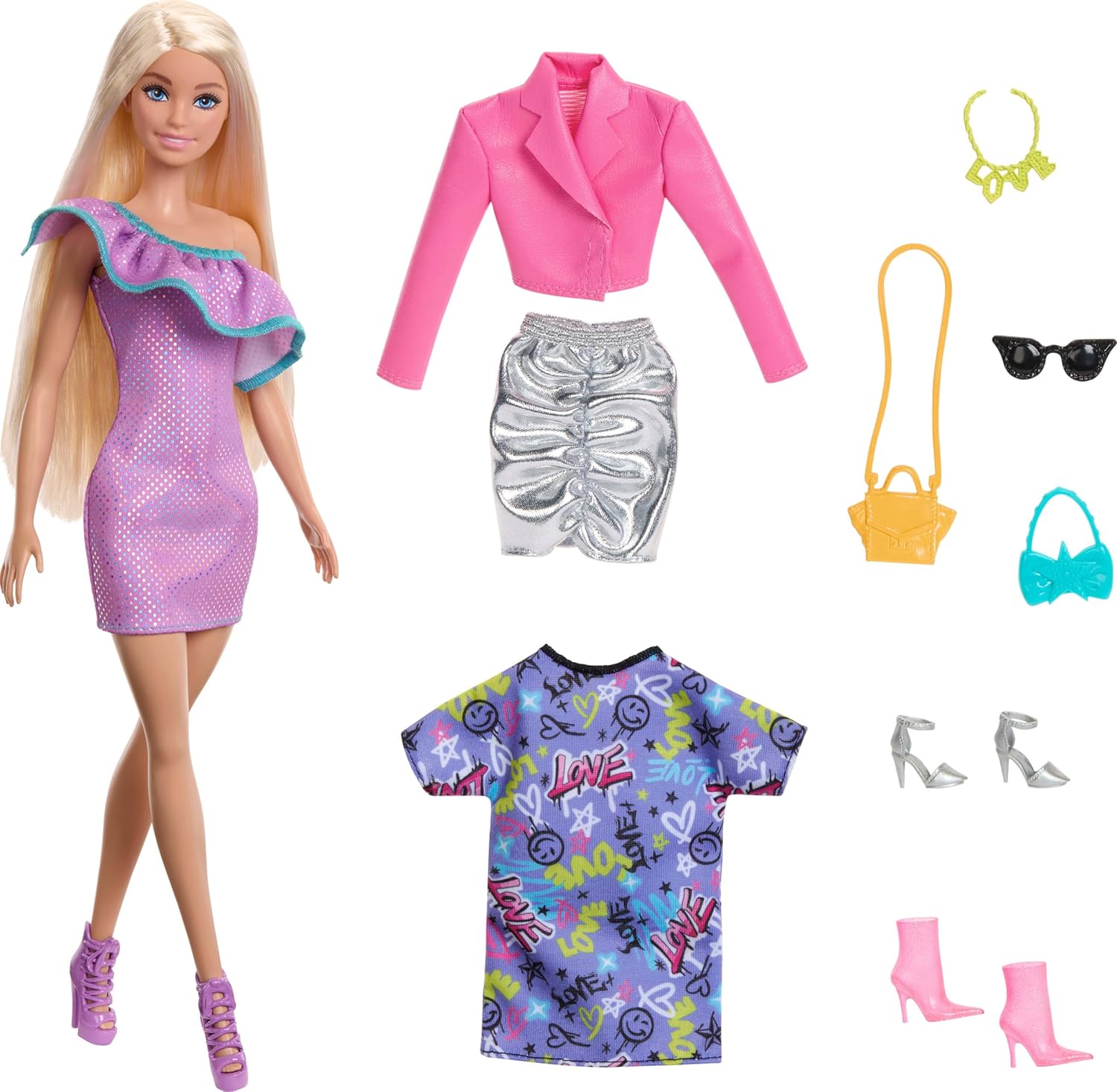 Barbie Blond Hair Doll with 3 Party-Themed Mix-and-Match Outfits Including Dresses, Purses and Heels for Ages 3 Years & Up