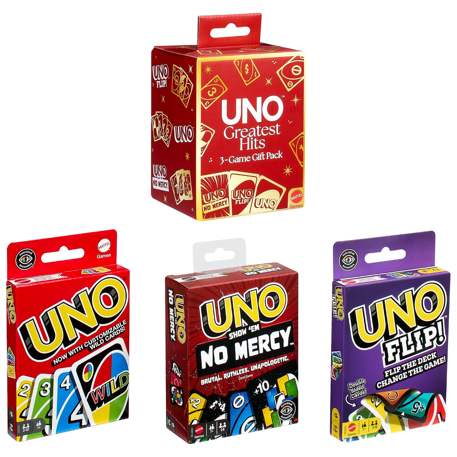 Mattel Games UNO Greatest Hits Gift Pack with 3 Card Games, UNO, UNO Flip & UNO Show em No Mercy for Kids, Teens, Grown-Ups & Family Nights & Parties