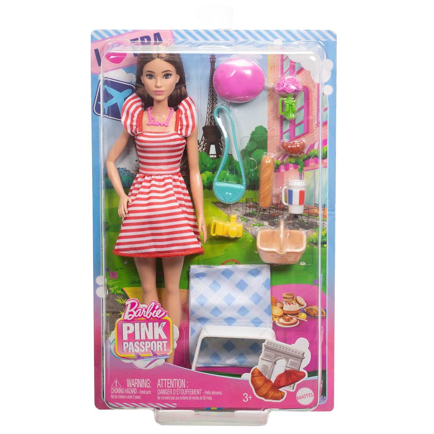 Barbie Pink Passport Paris Doll Set With Clothes & Picnic Accessories, Includes Brunette Doll For Kids Ages 3+