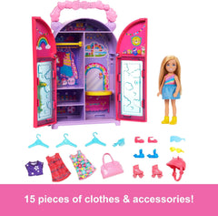Barbie Chelsea Doll & Closet Toy Playset with 15 Pieces Clothes & Accessories Included, Foldable Set for On-The-Go Play & Storage for Kids Ages 3+