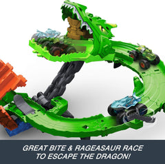 Hot Wheels Monster Trucks Sharks vs. Dinos Dragon Destruction Playset with 1:64 Scale Great Bite & Rageasaur, Race to Defeat The Cyborg Nemesis for Kids Ages 3 Years & Up