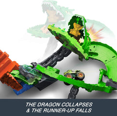 Hot Wheels Monster Trucks Sharks vs. Dinos Dragon Destruction Playset with 1:64 Scale Great Bite & Rageasaur, Race to Defeat The Cyborg Nemesis for Kids Ages 3 Years & Up