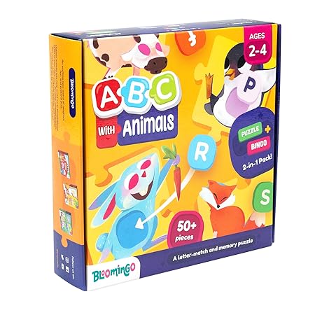 Bloomingo Learning Kit: ABC with Animals - Learn The Alphabets, Lowercase and Uppercase Letters with Fun Bingo Cards and Animal Puzzles