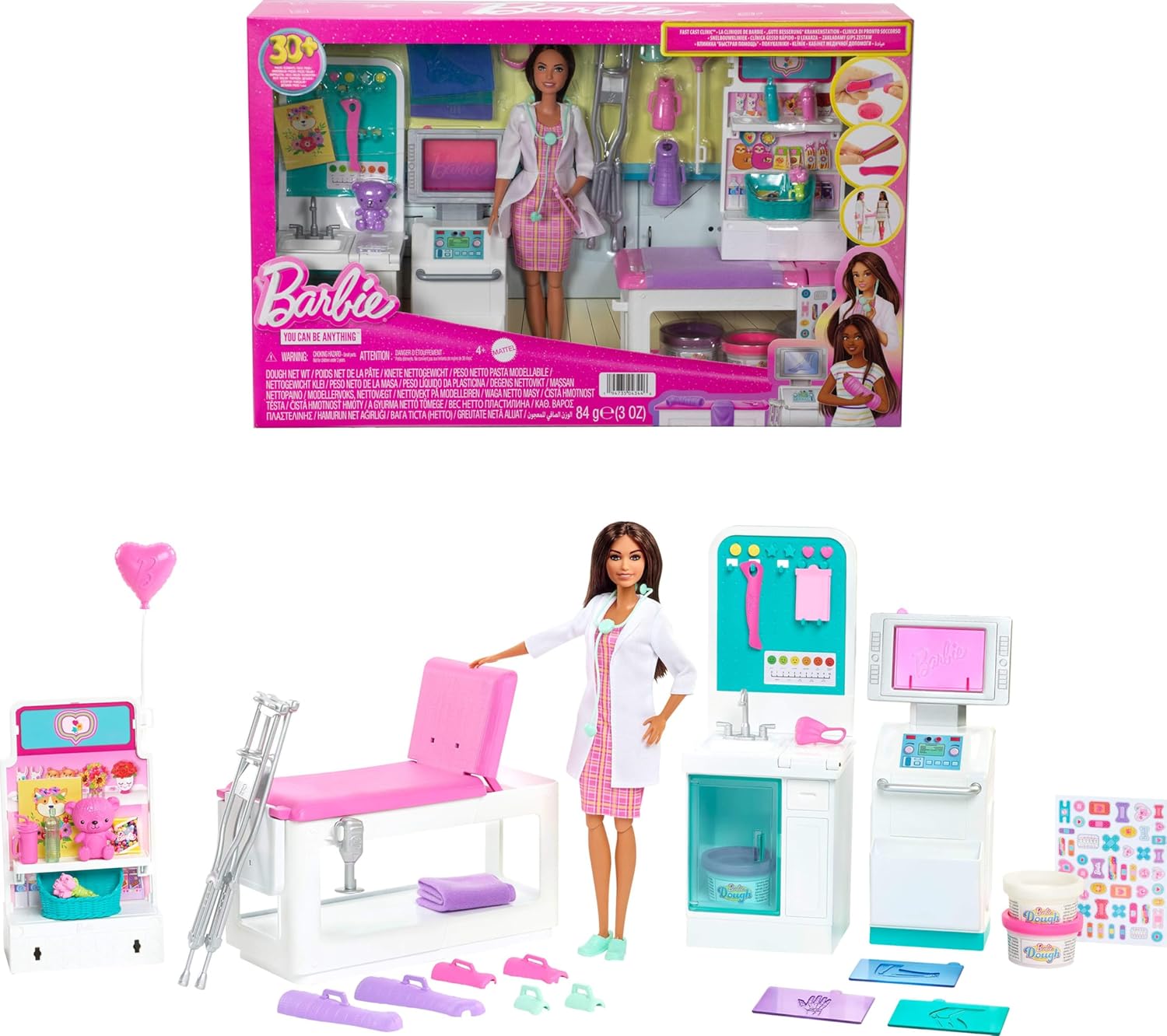 Barbie Careers Medical Fast Cast Clinic with Brunette Doctor Fashion Doll, Furniture & 30+ Accessories For Kids Ages 3+