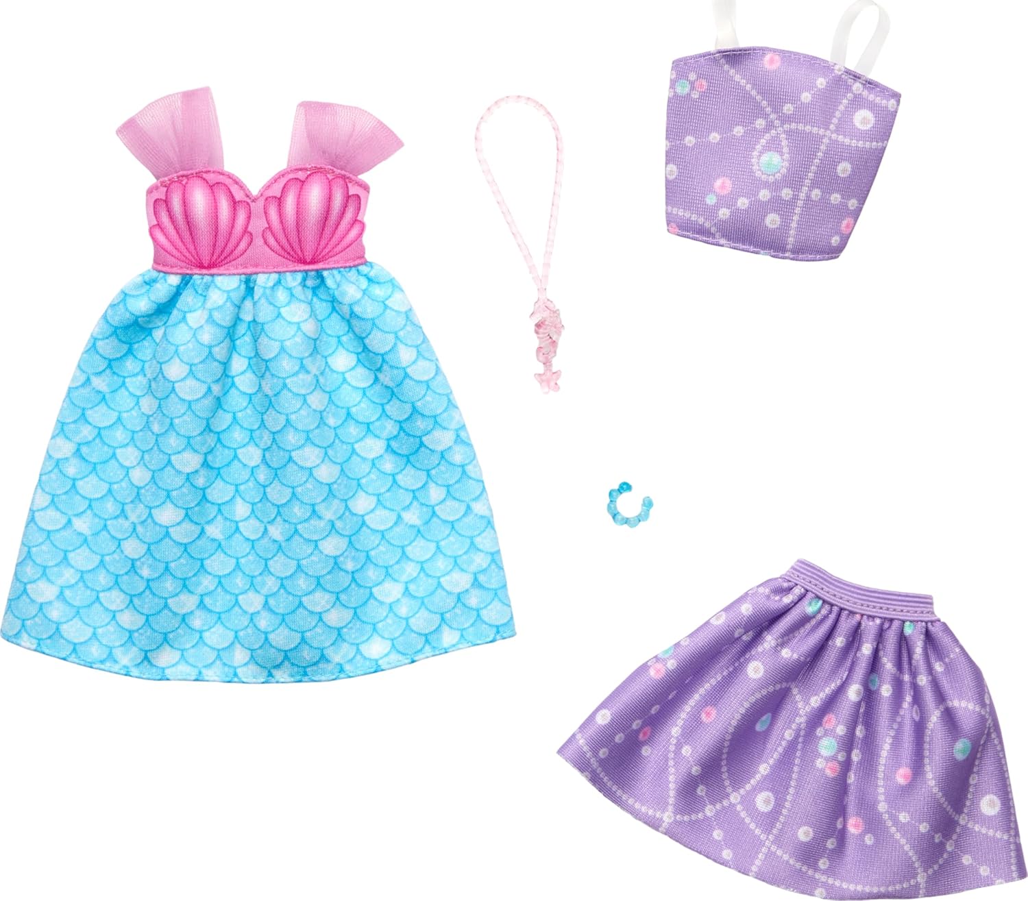 Barbie Fashion 2-Pack, Mermaid Dress, Purple Top + Skirt, Pink Seahorse Necklace, And A Blue Bracelet