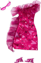 Barbie Doll Clothing, Fashion Pack With Ruffled Pink Heart Dress & Accessories