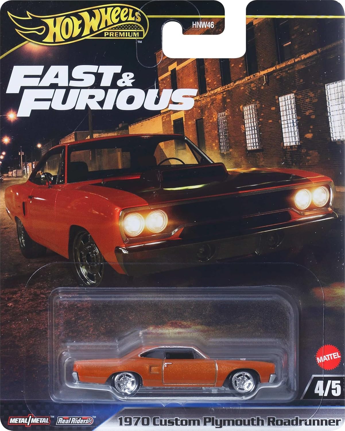 Hot Wheels Premium Car Fast & Furious 1970 Custom Plymouth Roadrunner, 1:64 Scale Die-Cast Car for Collectors Inspired by Fast & Furious Movie