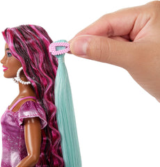 Barbie Fun & Fancy Brunette Hair Doll with Extra-Long Colorful Hair and Shimmery Pink Dress and 10 Hair and Fashion Play Accessories for Kids Ages 3+