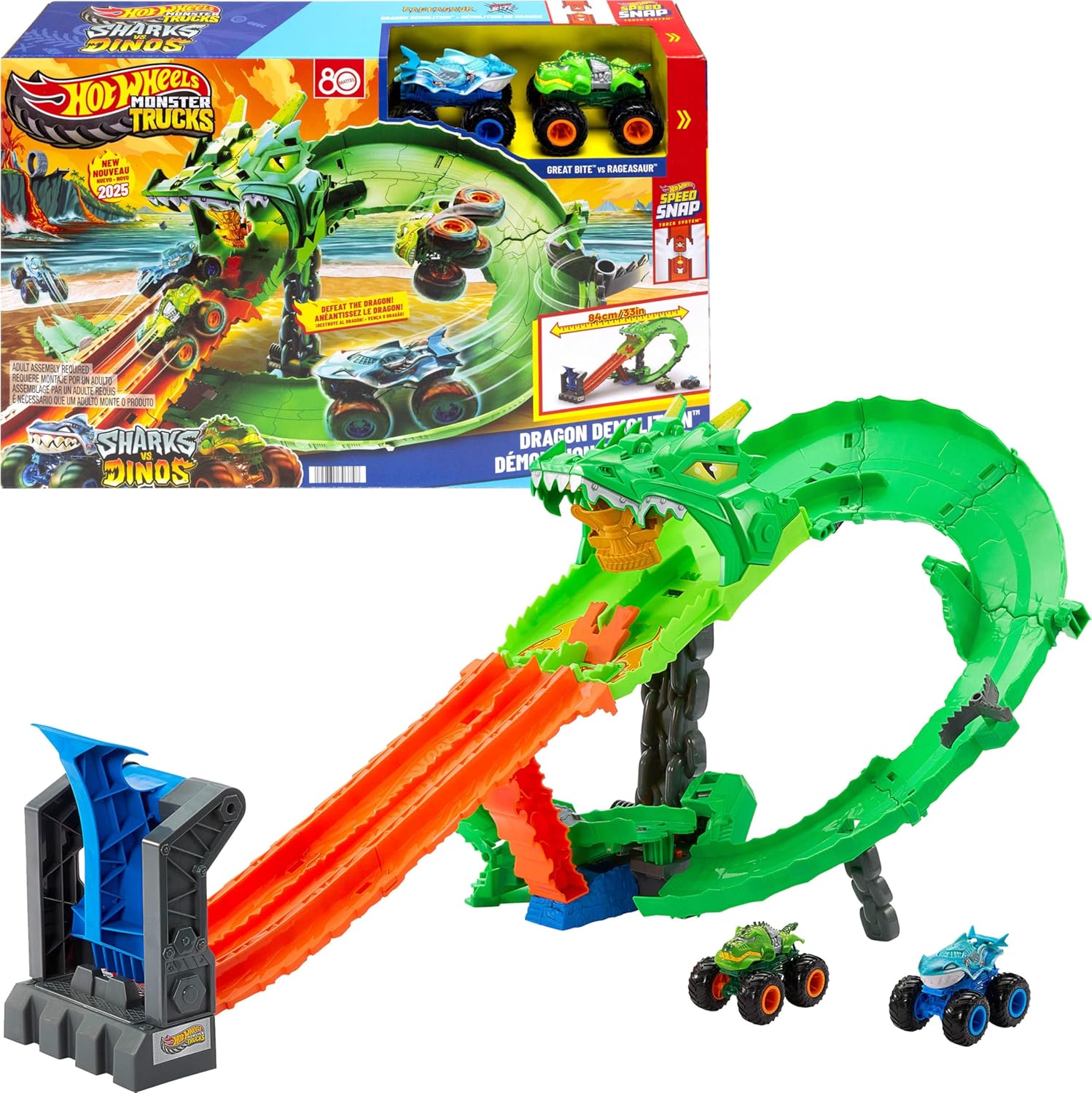 Hot Wheels Monster Trucks Sharks vs. Dinos Dragon Destruction Playset with 1:64 Scale Great Bite & Rageasaur, Race to Defeat The Cyborg Nemesis for Kids Ages 3 Years & Up