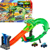 Hot Wheels Monster Trucks Sharks vs. Dinos Dragon Destruction Playset with 1:64 Scale Great Bite & Rageasaur, Race to Defeat The Cyborg Nemesis for Kids Ages 3 Years & Up