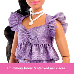Barbie Deluxe Style #8 Black Hair in Braid in Metallic Purple Top and Sparkly Shorts Doll, Accessories for Kids Ages 4+