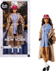 Barbie Signature Collectible Barbiestyle Fashion Doll, Fashion Week Doll New York Street Style Clothes with Blue Dress, Brown Coat and Accessories