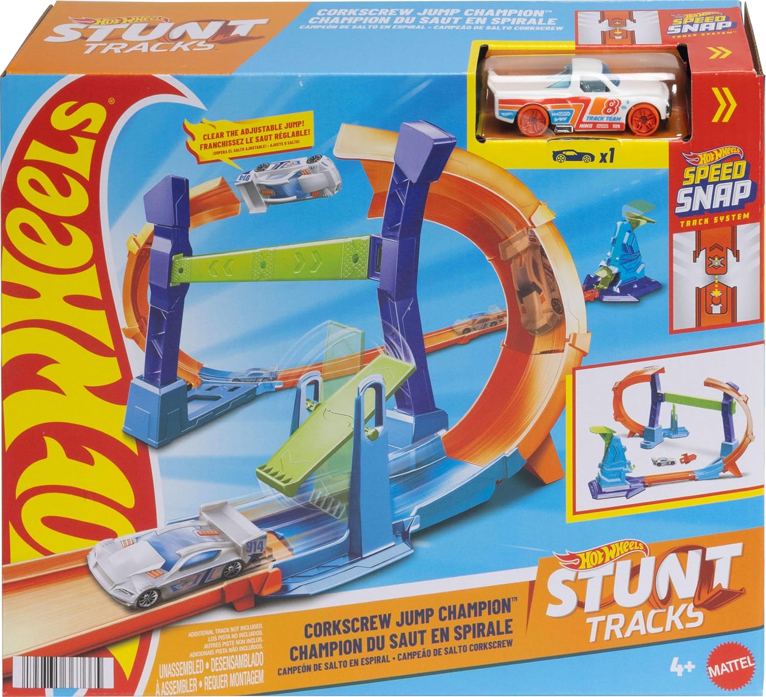 Hot Wheels Toy Car Track Set, Flip & Jump Through the Corkscrew Loop with a 1:64 Scale Toy Car, Speed Snap Track & Adapters, Compresses for Storage