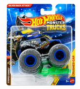 Hot Wheels 1:64 Scale Silver Back Attack Monster Trucks Diecast Truck with Crushable Car for Ages 3+ (JHY67)