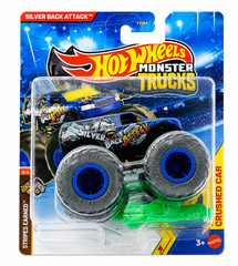 Hot Wheels 1:64 Scale Silver Back Attack Monster Trucks Diecast Truck with Crushable Car for Ages 3+ (JHY67)