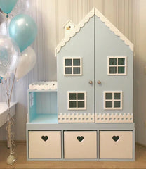 Kiddies Kingdom Wooden Dollhouse - Pastel Blue & White Imaginative Play For Ages 3 and Above