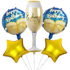 PartyCorp Happy Birthday Champagne Glass Cheers and Stars Gold and Blue Balloon Bouquet, Birthday Decoration Set for Adults, DIY Pack of 5