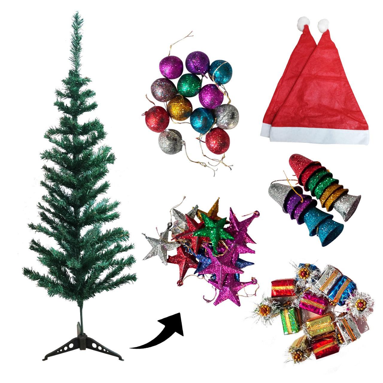 PartyCorp 4 ft Xmas Tree with 48 Decoration Glitter Ornaments and Danglers with Santa Hat for Home, Living Room Decor Combo - FunCorp India