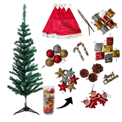 PartyCorp 4 ft Xmas Tree with Mix Decoration Danglers Set Box with Santa Hat for Home, Living Room Decor Combo - FunCorp India