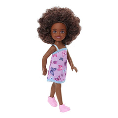 Barbie Chelsea 6 Inch Doll Curly Brunette Hair Wearing Butterfly-Print Dress and Pink Shoes for Kids Ages 3 Years Old & Up