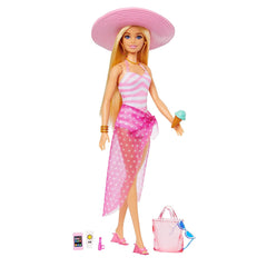 Barbie Blonde Doll with Pink and White Swimsuit, Sun Hat, Tote Bag and Beach-Themed Accessories