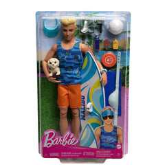 Barbie Poseable Blonde Ken Beach Doll with Surfboard and Pet Puppy & Themed Accessories
