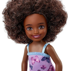 Barbie Chelsea 6 Inch Doll Curly Brunette Hair Wearing Butterfly-Print Dress and Pink Shoes for Kids Ages 3 Years Old & Up