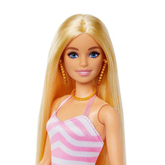 Barbie Blonde Doll with Pink and White Swimsuit, Sun Hat, Tote Bag and Beach-Themed Accessories