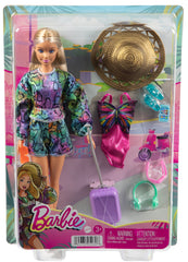 Barbie Holiday Fun Doll & Accessories Set with 12 Inches Blonde Highlighted Hair Doll, Travel Tote & Hat, Swimsuit & Summer Accessories for Kids Ages 3+