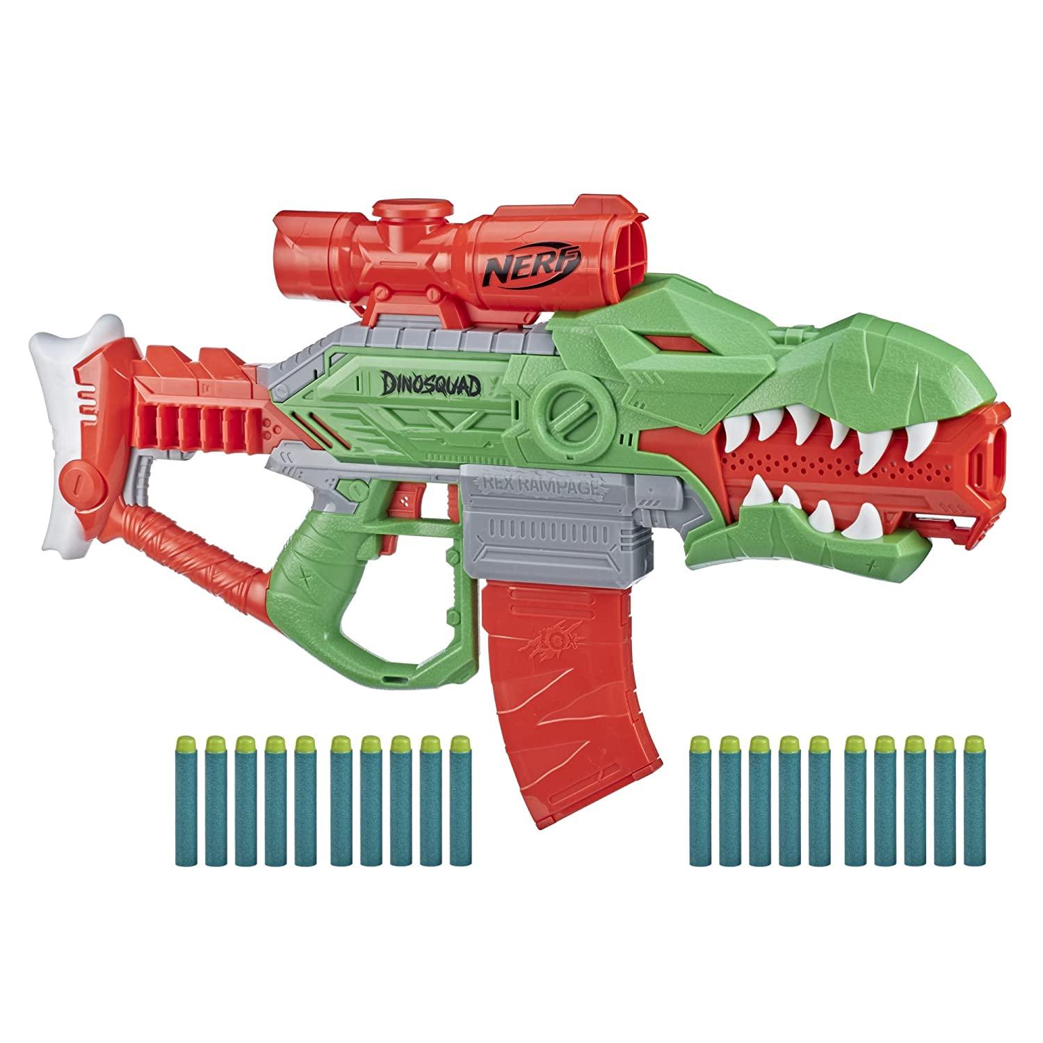 Nerf DinoSquad Rex-Rampage Motorized Dart Blaster, 10-Dart Clip, 20 Official Nerf Darts, 10-Dart Storage- T-Rex Dinosaur Design - FunCorp India