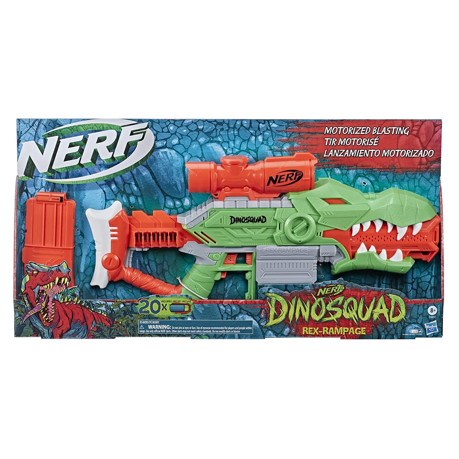 Nerf DinoSquad Rex-Rampage Motorized Dart Blaster, 10-Dart Clip, 20 Official Nerf Darts, 10-Dart Storage- T-Rex Dinosaur Design - FunCorp India