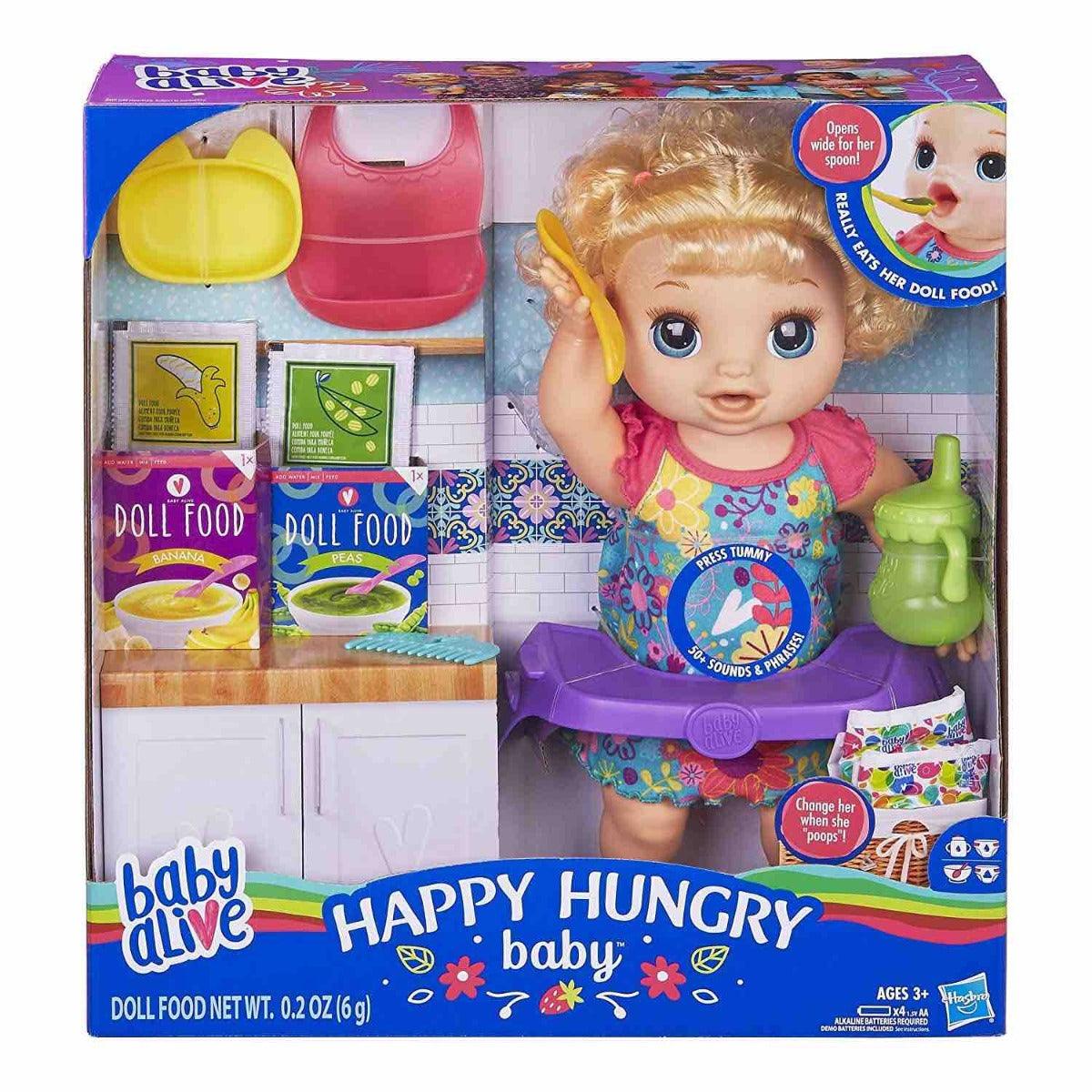 Buy Baby Alive Happy Hungry Baby Blond Curly Hair Doll Makes 50 Sounds and Phrases Eats and Poops Drinks and Wets Online at Best Price in India
