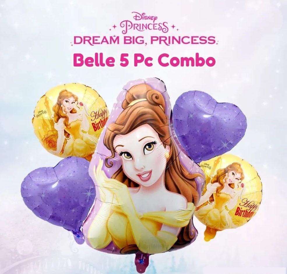 Disney Princess Beauty and The Beast Belle Set, Pack of 5 Foil Balloons - 2 Round, 1 Mini Cutout and 2 Heart