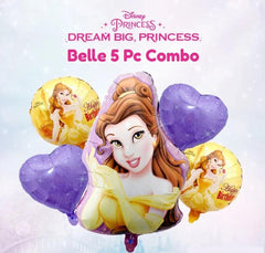 Disney Princess Beauty and The Beast Belle Set, Pack of 5 Foil Balloons - 2 Round, 1 Mini Cutout and 2 Heart