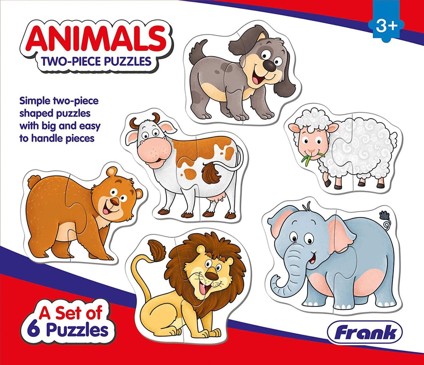 Frank Animals Puzzles - A Set of 6 Two-Piece Shaped Jigsaw Puzzles for 3 Year Old Kids and Above
