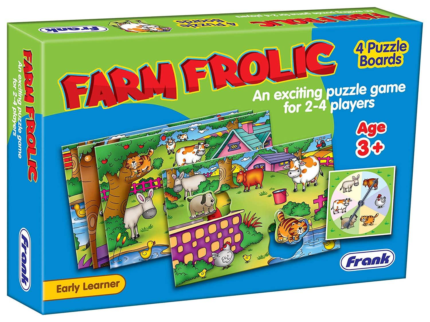 Frank Farm Frolic – 4 Puzzle Boards, 24 Animal Pieces, 1 Spinner Board, Early Learner Educational Puzzle Set