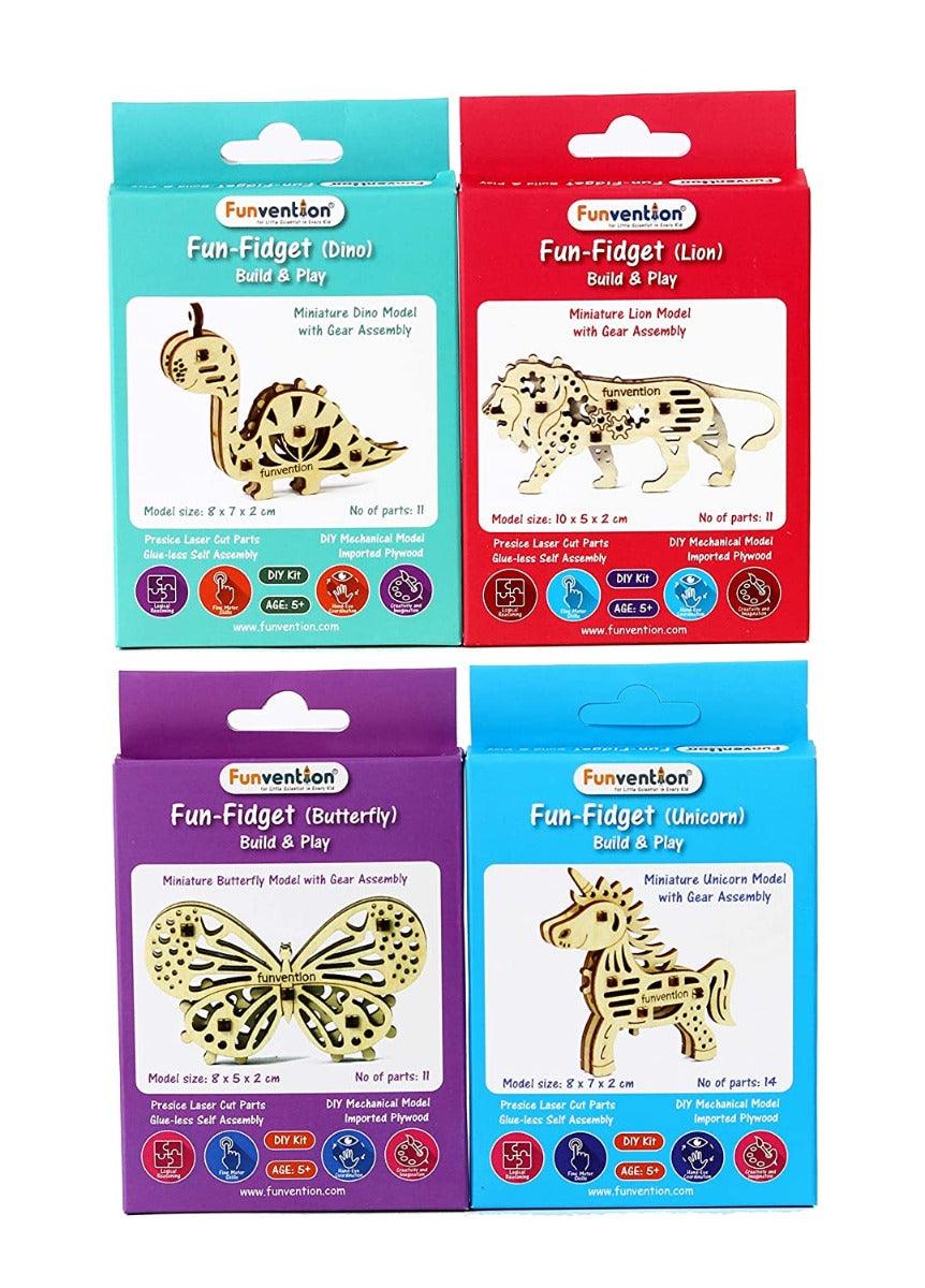 Funvention Fun Fidgets - Jungle - Pack of 12 DIY Miniature Mechanical Model (Lion, Unicorn, Dino & Butterfly) Birthday Return Gifts