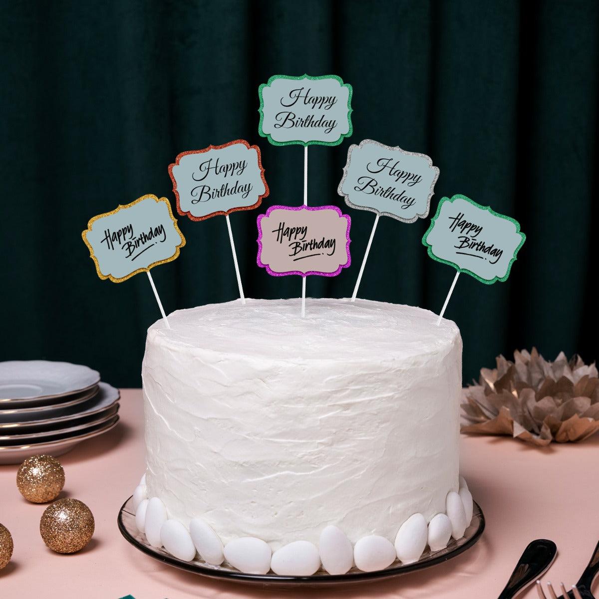 PartyCorp Multicoloured Glitter Paper Happy Birthday Cake Topper, Pack Of 6