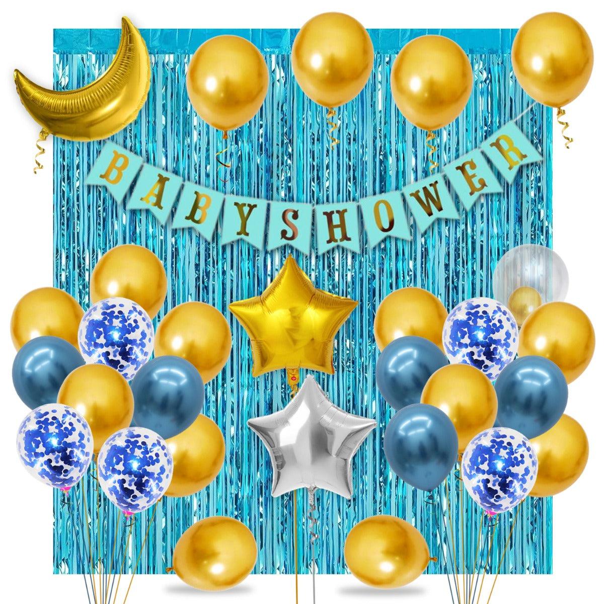PartyCorp Baby Shower Decoration Kit Combo 33 Pcs - Gold, Blue Chrome & Confetti Balloons, Blue & Gold Banner, Aqua Blue Curtain, Moon & Stars Foil Bouquet