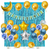 PartyCorp Baby Shower Decoration Kit Combo 33 Pcs - Gold, Blue Chrome & Confetti Balloons, Blue & Gold Banner, Aqua Blue Curtain, Moon & Stars Foil Bouquet