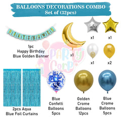 PartyCorp Baby Shower Decoration Kit Combo 33 Pcs - Gold, Blue Chrome & Confetti Balloons, Blue & Gold Banner, Aqua Blue Curtain, Moon & Stars Foil Bouquet