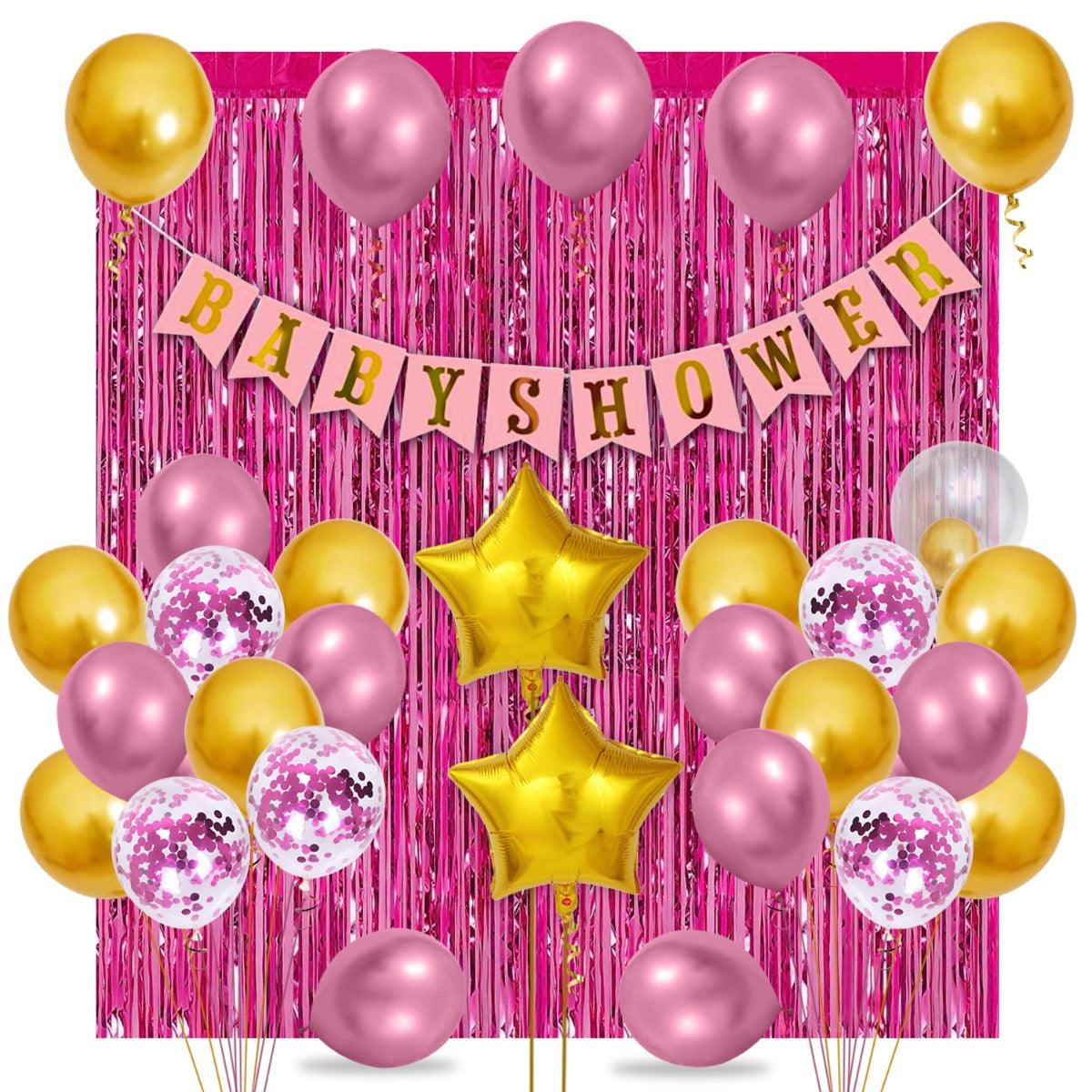 PartyCorp Baby Shower Decoration Kit Combo 35 Pcs - Gold, Pink Chrome & Confetti Balloons, Pink & Gold Banner, Pink Curtain, Gold Star Foil