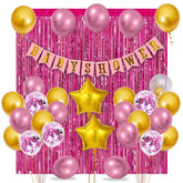PartyCorp Baby Shower Decoration Kit Combo 35 Pcs - Gold, Pink Chrome & Confetti Balloons, Pink & Gold Banner, Pink Curtain, Gold Star Foil