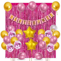 PartyCorp Baby Shower Decoration Kit Combo 35 Pcs - Gold, Pink Chrome & Confetti Balloons, Pink & Gold Banner, Pink Curtain, Gold Star Foil