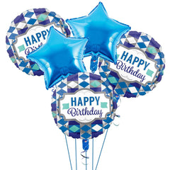 PartyCorp Happy Birthday Blue Stars and White Diamond Foil Balloon Bouquet, Decoration Set, DIY Pack of 5